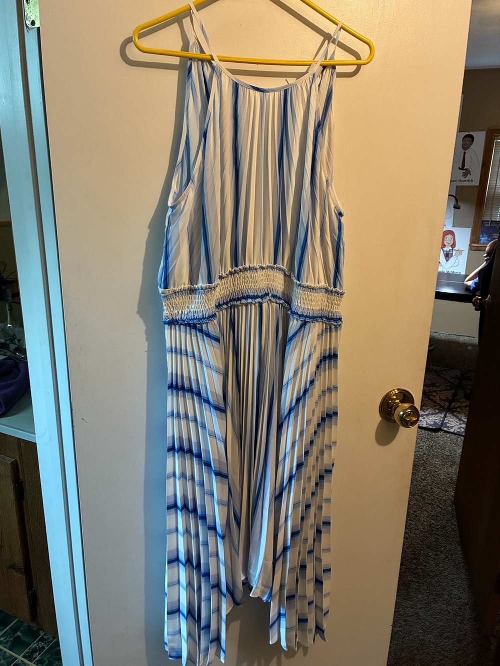 Blue and White Striped Midi Dress with Smocked Waist